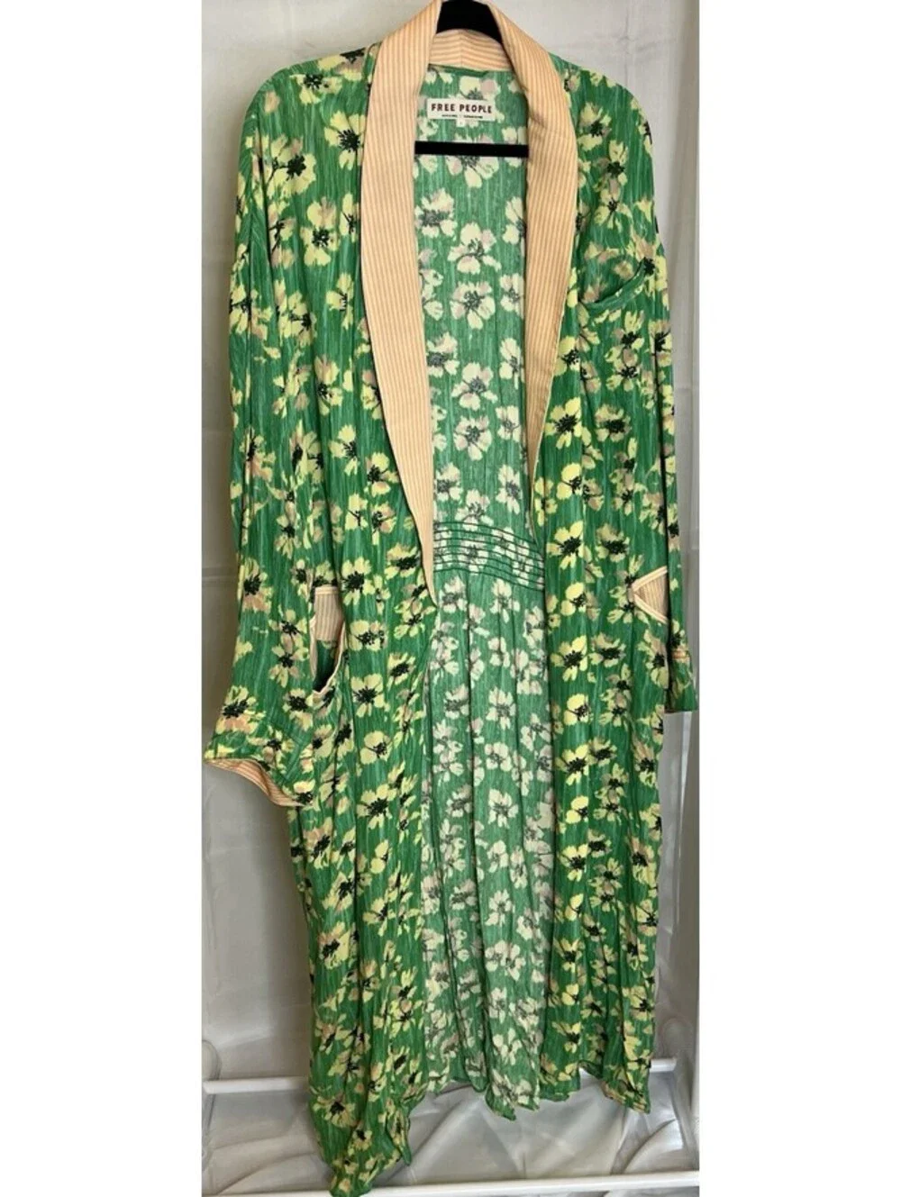 Free People Wild Nights Duster Jacket Kimono Green Floral Rayon Sz L NWOT $178